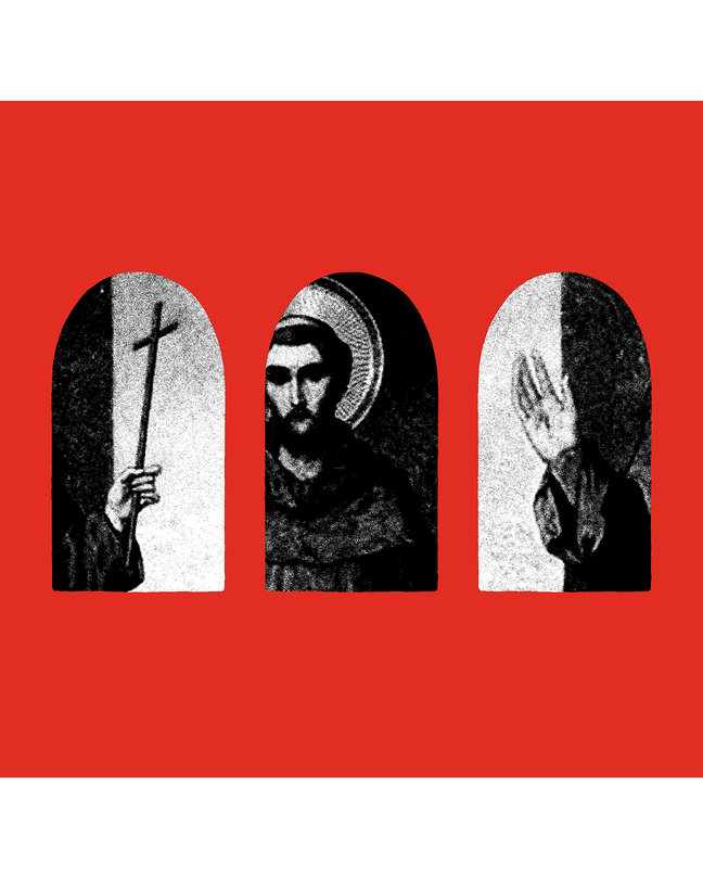 Illustration with 3 arched black-and-white images of St. Francis on red background: hand holding cross; head with halo; hand raised