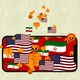 Illustration of the flags of the United States and Iran, and emojis