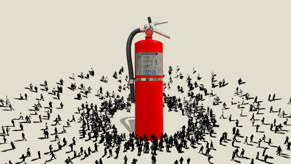An illustration of a fire extinguisher with tiny people crowding around it.
