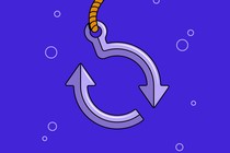 A cartoon illustration of a fishhook that is also a "Reload" icon