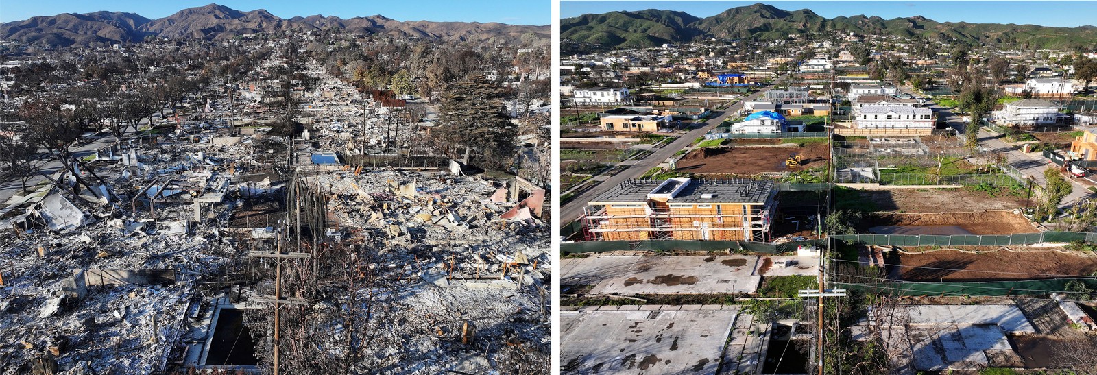 A pair of matching aerial photographs, on the left, showing a neighborhood in ashes after a wildfire tore through, and at right the same view of vacant lots and many under-construction buildings, a year later.