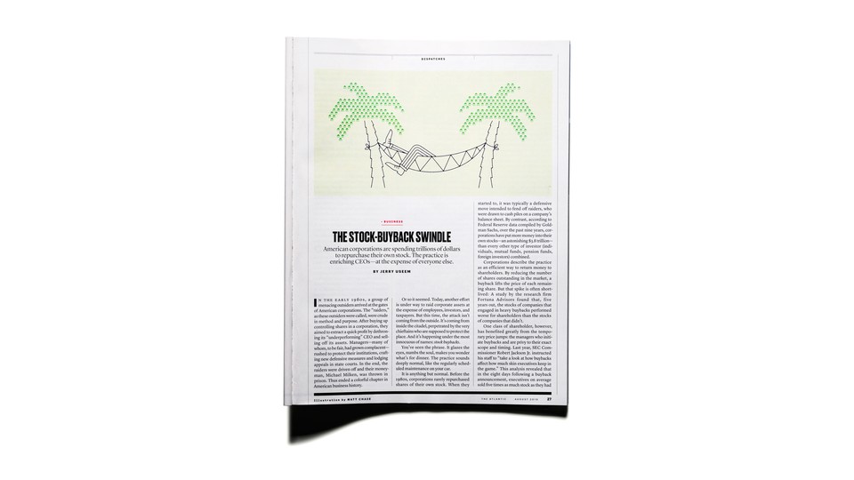 Image of "The Stock-Buyback Swindle" article in print in The Atlantic Magazine