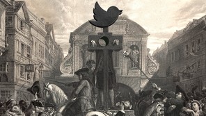 Eighteenth-century public square with pillory crowned by the Twitter logo and surrounded by a crowd