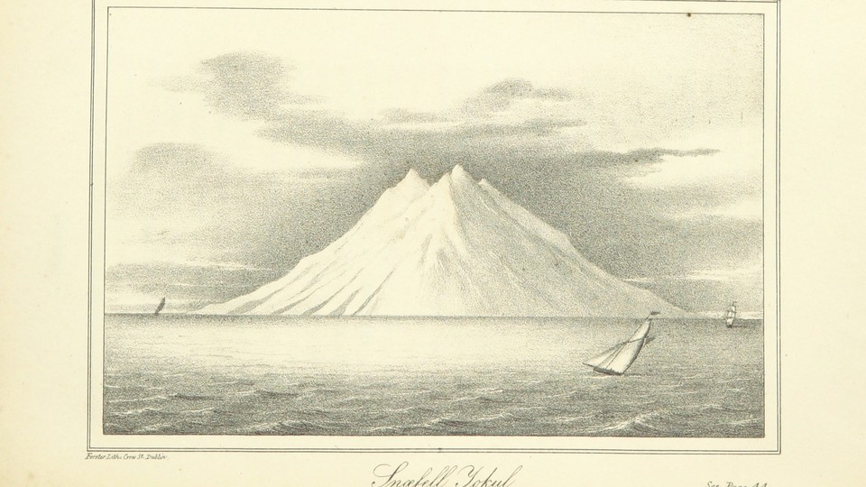 19th-century engraving of a volcano in Iceland 