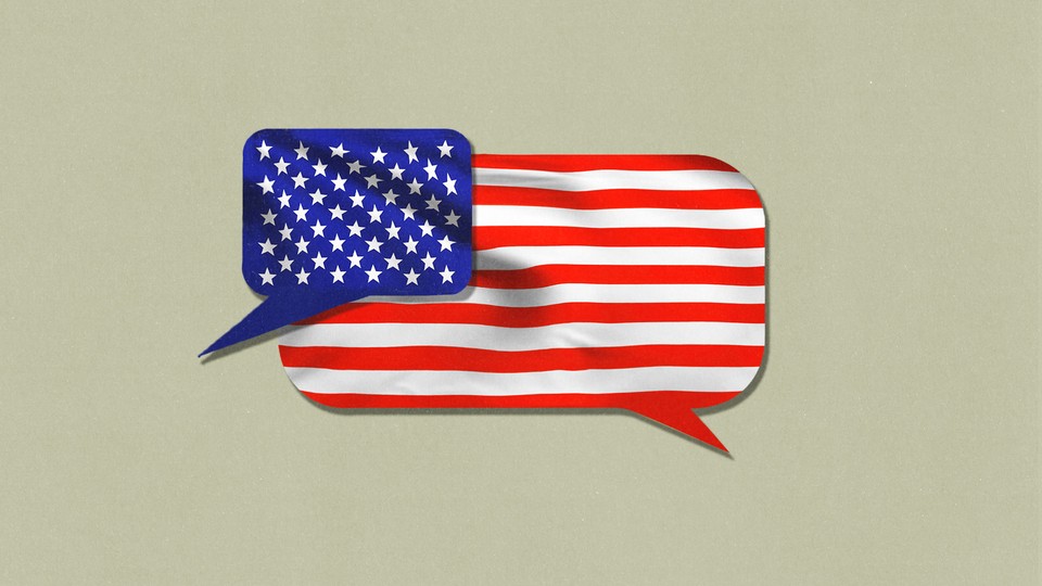 Illustration of the American flag as two overlapping text bubbles—the stripes are a bubble coming from the right, and the stars are a bubble coming from the left