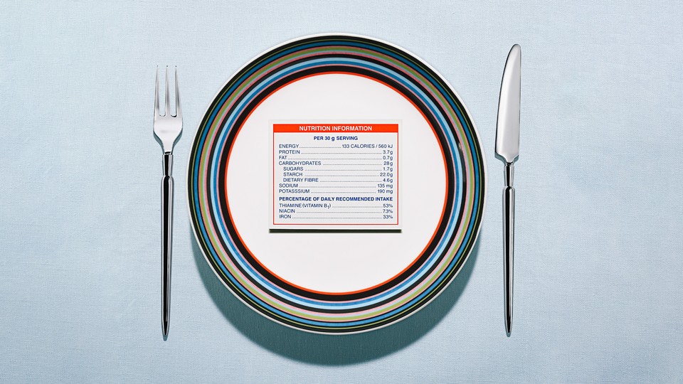 A graphic illustration of a place setting with a nutrition facts label in the middle of the plate.