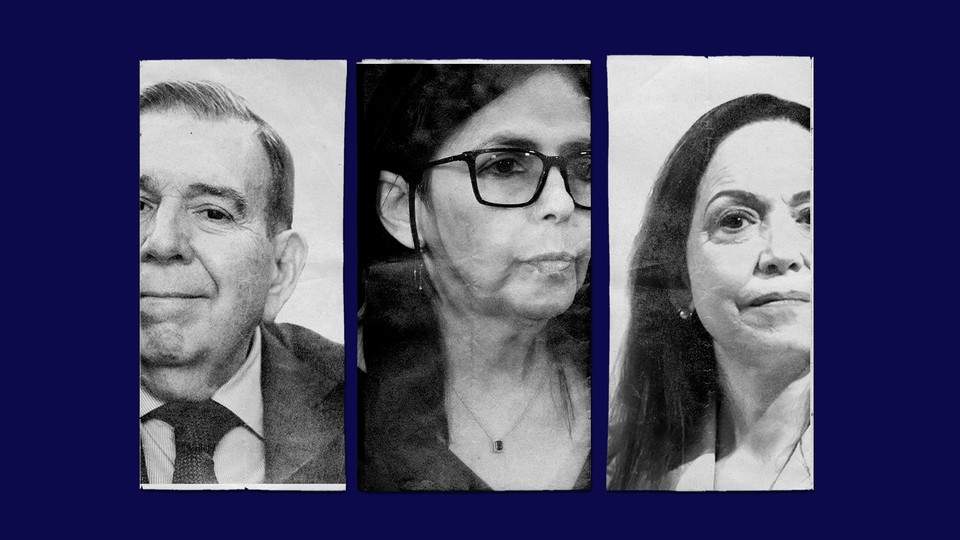 Collage of three black-and-white photos of Venezuelan political figures against a dark-blue background: Edmundo González, Delcy Rodríguez, and Maria Corina Machado.