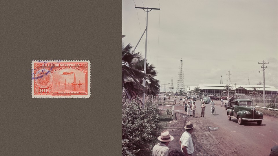A red vintage stamp from Venezuela and a color photo of Caracas in 1948