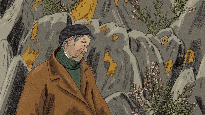 detail of illustration with gray-haired white man in a black knit cap, a green turtleneck, and a brown coat in front of coastal rocks