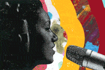 Woman speaking into a microphone