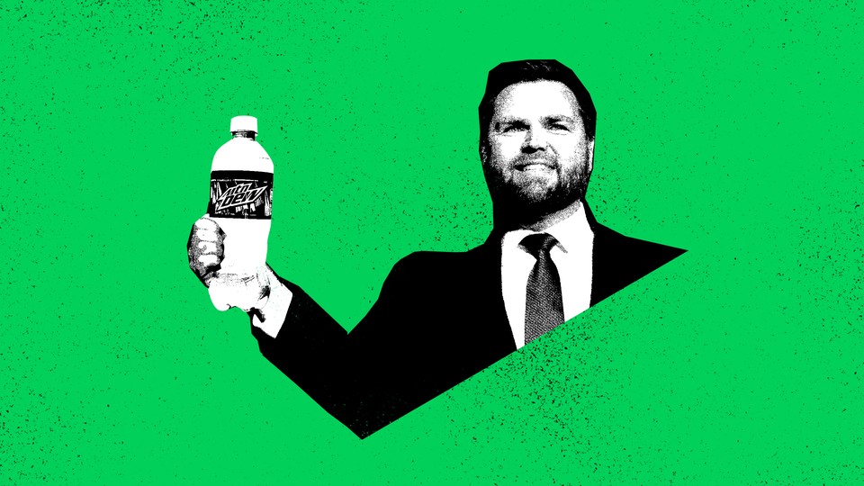 Collage of J. D. Vance against a green background holding up a bottle of Mountain Dew