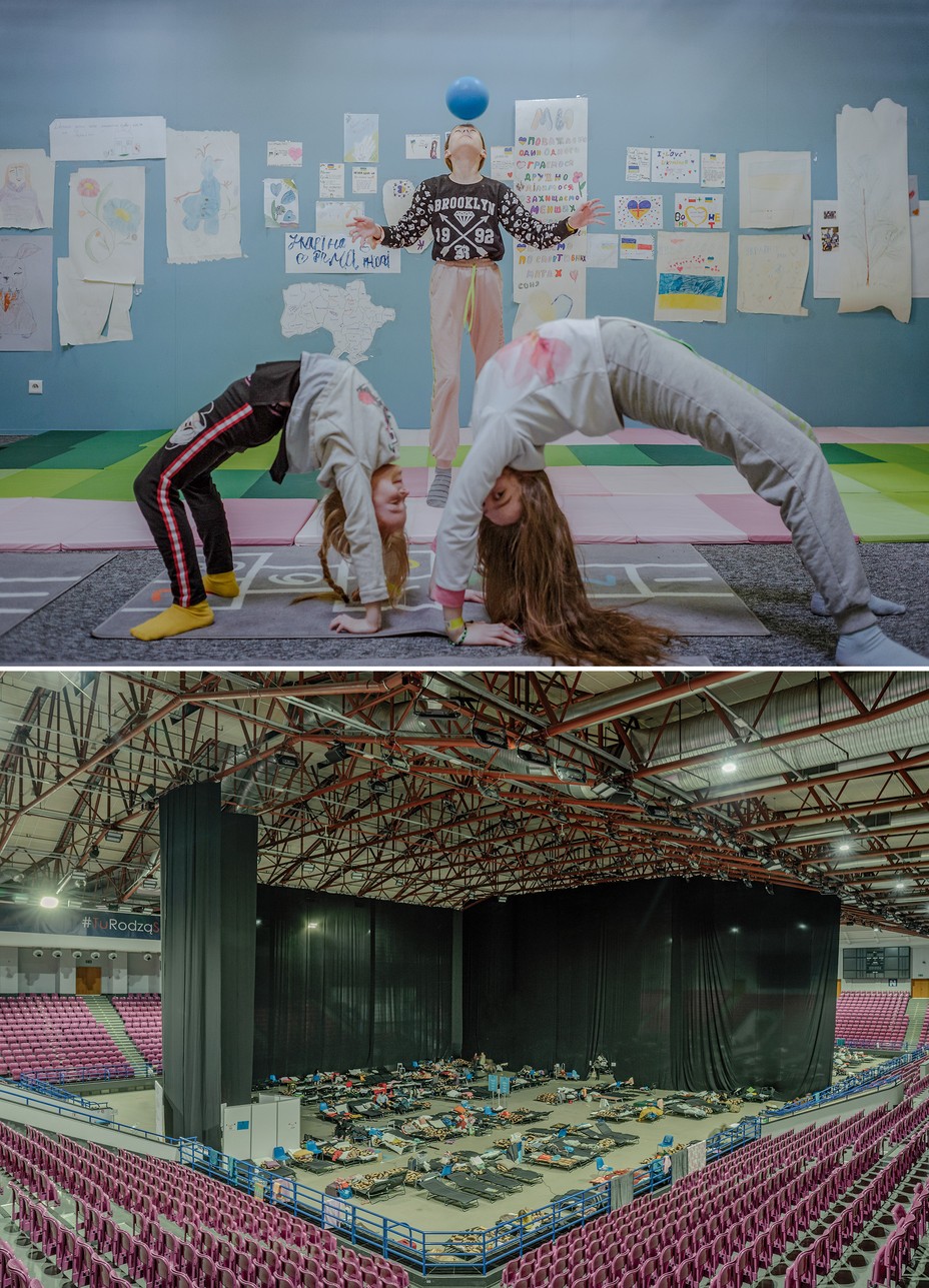 2 photos: 2 children do backbends while a third balances a ball on their nose in front of a wall covered with children's art; a wide view of a sports arena with cots on floor surrounded by seats