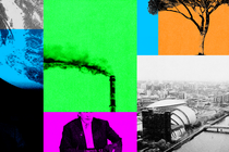 A collage of the Earth, a smokestack, John Kerry, a tree, and the Glasgow skyline