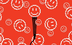 illustration of microphone with pixellated happy faces