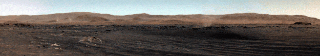 An animation of a dust devil swirling across the surface of Mars