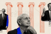 Merrick Garland, Stephen Breyer, and Brett Kavanaugh feature on a light-red background with imagery of the court.