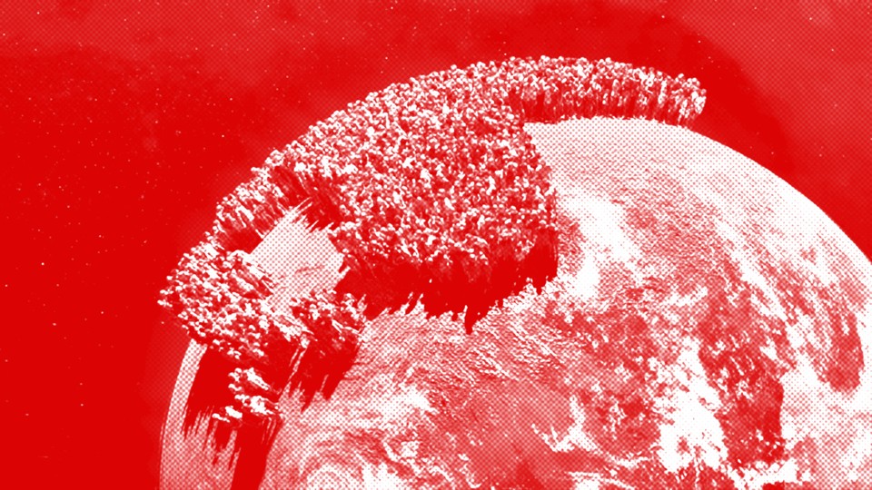 Red-and-white graphic illustration showing the Earth from space, but the continents are crowded with giant people