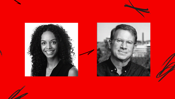 Two square images, one of Caitlin Dickerson on the left and Jeffrey Goldberg on the right, against a red background with black scribble marks