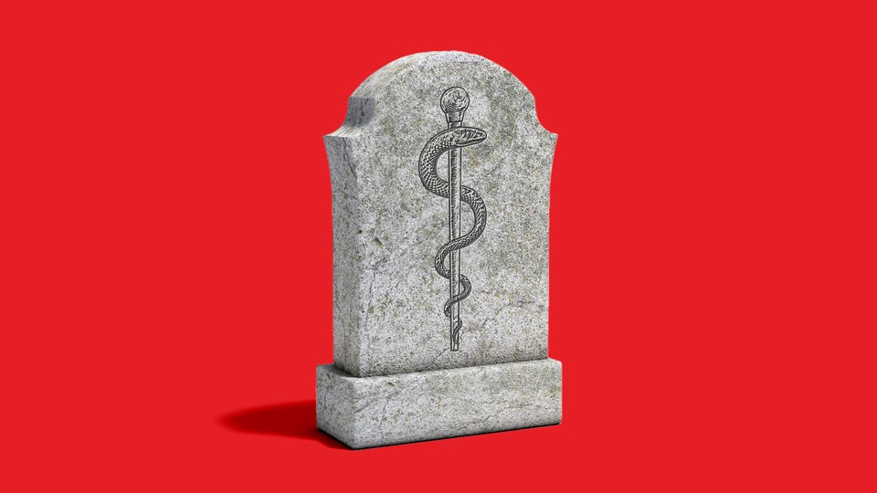 Illustration of a tombstone with a symbol of medicine on it