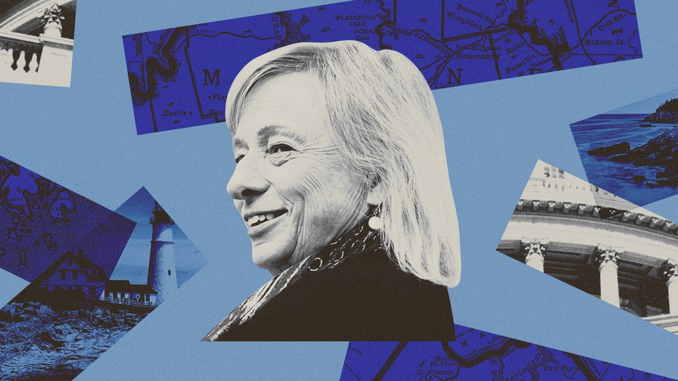 Black and white photograph of Janet Mills set against a blue backdrop with photos and maps of Maine.