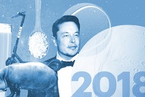 A glass of beer, a Bird scooter, a spoonful of salt crystals, a hippo, Elon Musk, a tennis ball, a moon, and the number 2018