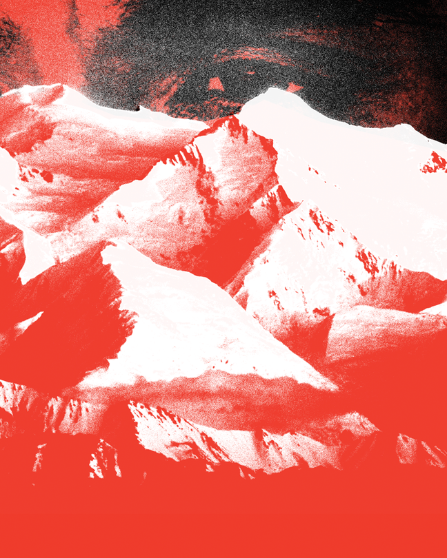 A photo-illustration of an eye peering over snow-capped mountains