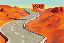 detail from illustration of desert landscape with curving road through it and motel sign