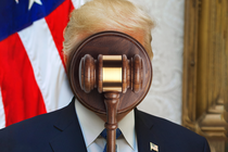 photo-illustration with image of Donald Trump with judge's gavel over his face, with U.S. flag in background