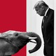 A graphic of a baby elephant looking up at Donald Trump
