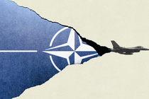 Illustration of NATO flag being torn by a fighter jet