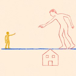 An illustration a small figure and a larger figure pointing at each other, both standing on a line balanced on the pointed roof of a house