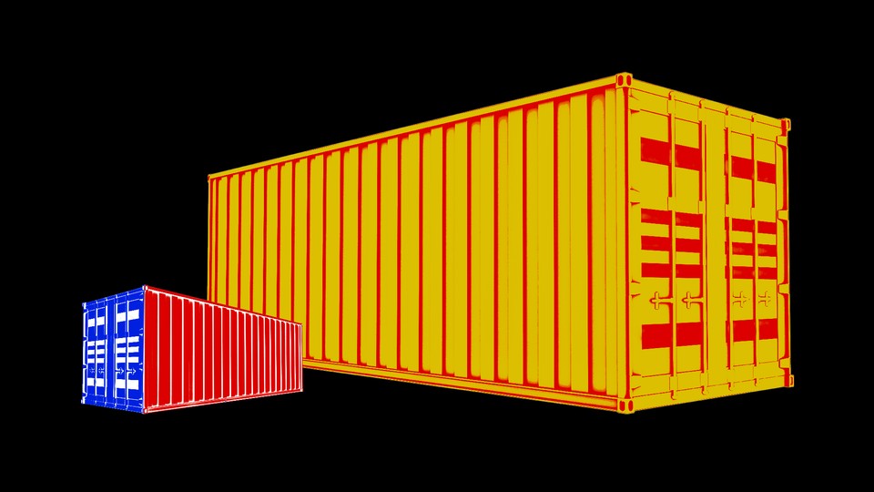 Illustration of a small shipping containers in the color of the American flag and a large one in the color of the Chinese flag