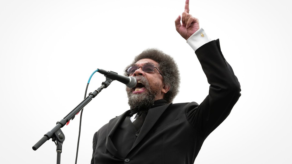 Cornel West photographed at a campaign rally for Bernie Sanders in 2016