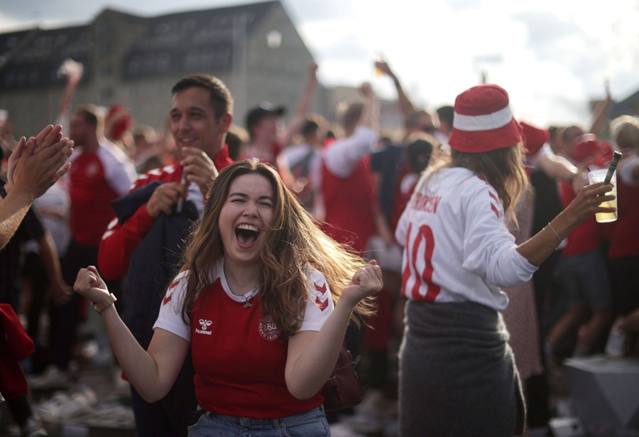 Soccer fans celebrate together while watching their team win.