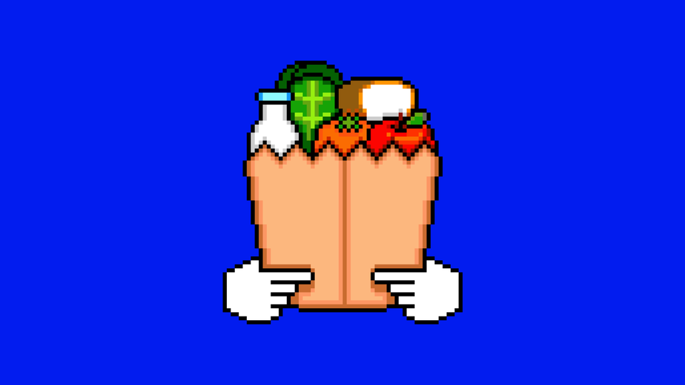groceries in grocery bag held by two cursor hands