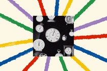 A starburst of colorful stripes including purple, yellow, red, green and blue extend out. At the center is a black and white image of a collection of stopwatches, clocks and time keeping devices floating in space.