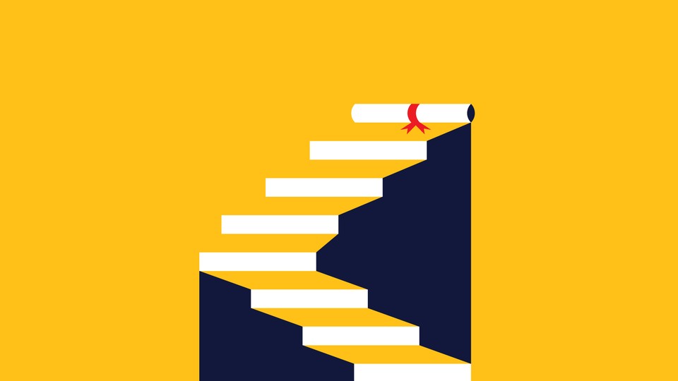 An illustration of a diploma unfurling up a staircase