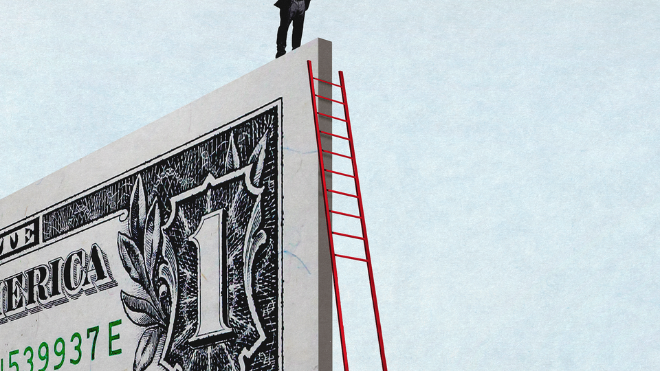 An illustration of a man standing atop a large dollar bill, with a ladder propped up next to it