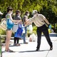 A food-bank volunteer handing out food