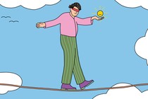 An illustration of a person in colorful clothing walking along a tightrope while wearing a blindfold and holding a smiley face