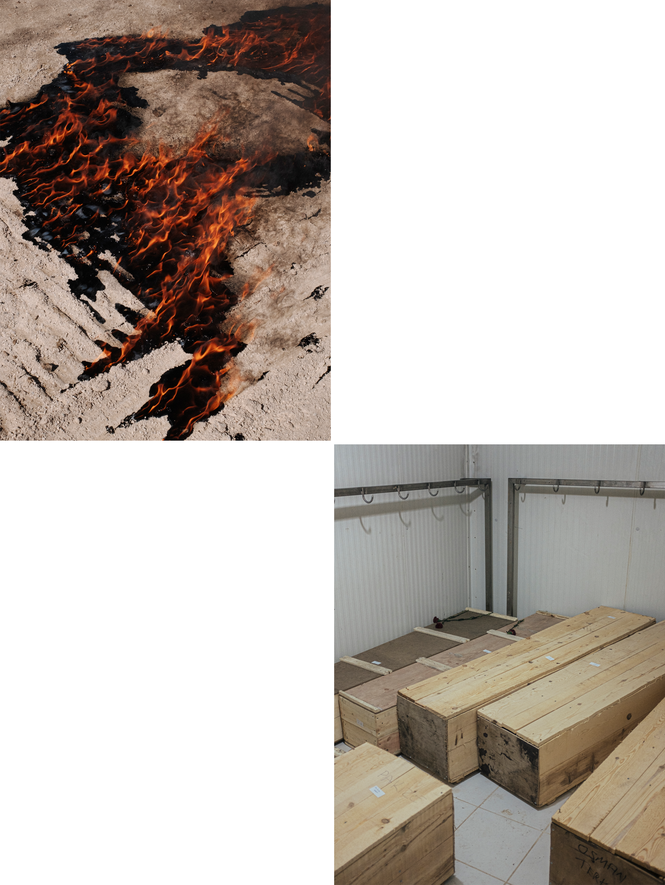 Left photo showing a fire near a gas station.  Photo on the right showing the covered bodies of 12 people kept at a slaughterhouse in Sirnak. 
