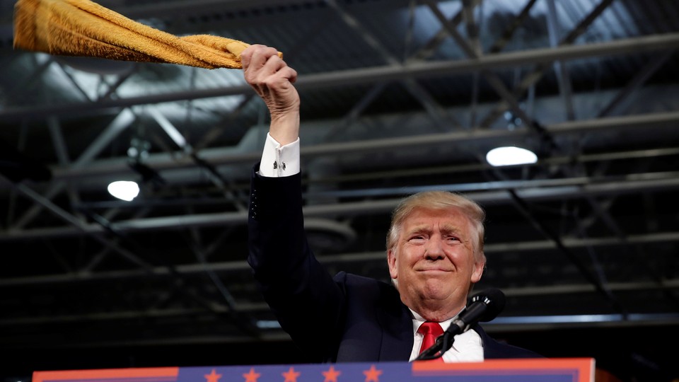 Donald Trump waves a "Terrible Towel" during a rally in Ambridge, Pennsylvania.