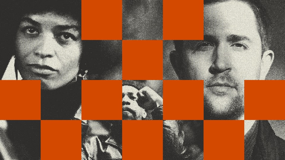 Illustration showing Angela Davis and Chris Rufo