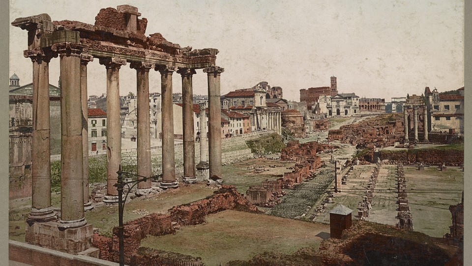 The ruins of the Roman Forum, in a print created by the Swiss Photoglob Company at the turn of the 20th century