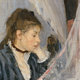 detail from painting of woman in 19th-century dress gazing down at baby in cradle with sheer drape around it