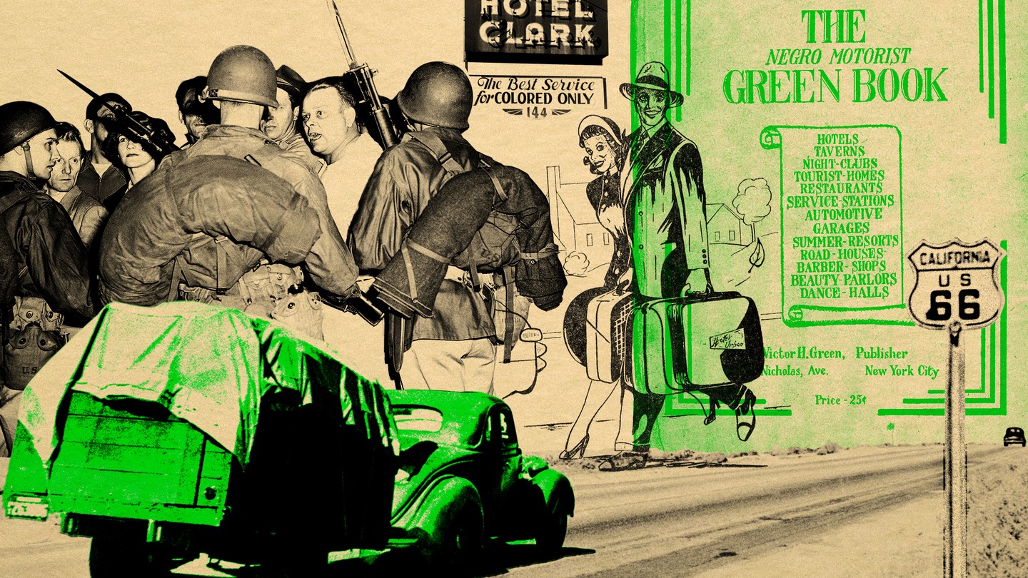 A Route 66-inspired collage featuring photos and illustrations of people and the Negro Motorist Green Book