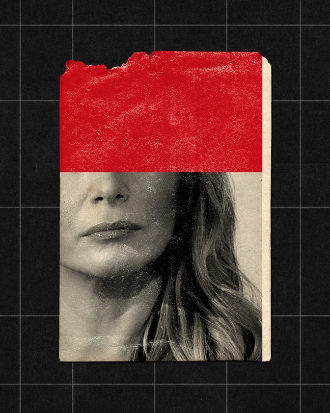 Photo of Melania Trump, the top half of her face obscured by a red bar