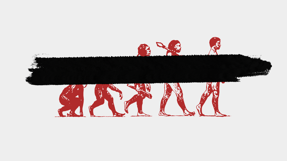Illustration of an evolution chart with a black bar drawn through