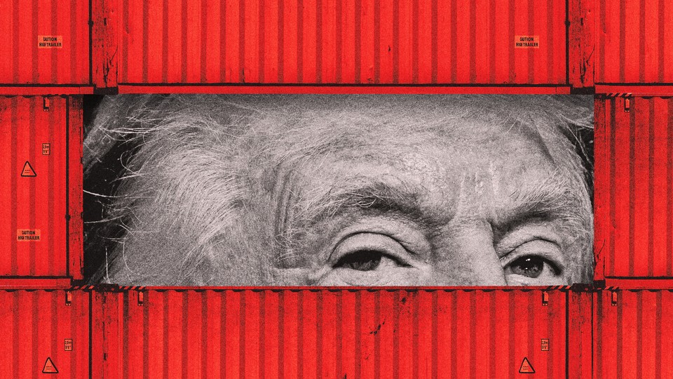 Photo illustration of Donald Trump framed by shipping containers