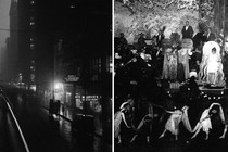 A split collage of a black-and-white photo of a Chicago street in the 1920s (left) and a black-and-white photo of a drag ball in Harlem in the 1920s (right)